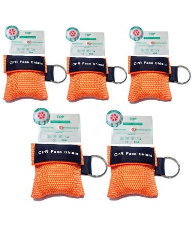 CPR Face Shields 5 Pcs CPR Resuscitation Face Mask Keychain Ring Pouch for First Aid Cardiac Resuscitation Training (Orange)