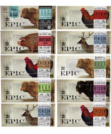 Epic EPIC Bars 100% Animal-Based Whole Protein, Sampler Assorted Variety Pack (10 Pack) In Sanisco Packaging 10 Count (Pack of 1)