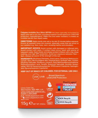 Calypso Invisible Sun Stick SPF50 Sun Protection for Wet and Dry Skin 15g - Buy Online on GoSupps.com