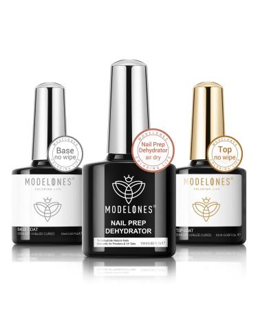 Modelones Nail Dehydrator with Gel Top Coat and Base Coat Set No Wipe Diamond Shiny Top Coat Professional Natural Nail Prep Dehydrate Nail Tech Must Haves Prep Kit for Gel Nail Polish