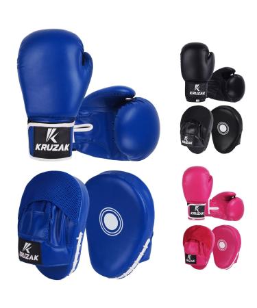 Kruzak Plain Focus Mitts and Boxing Gloves Set for Kickboxing and Muay Thai MMA Training - Fitness Kit with Punching Pads for Martial Arts and Karate Blue 8 oz