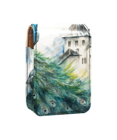 Lipstick Case Leather Lip Gloss Lipstick Organizer with Mirror Mini Lipstick Holder Bag Watercolor Abstract Peacock House V750i0lcak