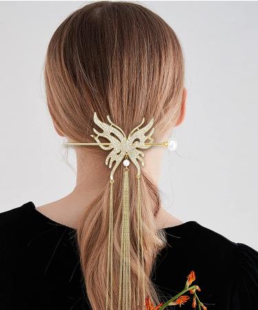 3 Pcs Butterfly Tassel Hair Sticks - Metal Rhinestone Pearl Chopsticks | Vintage Chinese Hair Accessories for Women - Buy Online on GoSupps.com