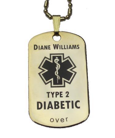 Custom Engraved Diabetes Diabetic Medical Alert Tag Pendant Necklace in Gold or Silver (Gold) - Free Personalization