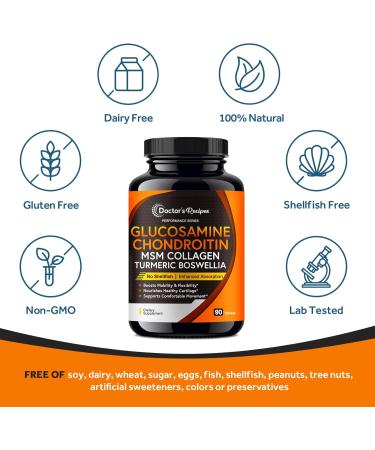 Doctor's Recipes Glucosamine Chondroitin MSM Turmeric Quercetin, with Black Pepper for High Absorption, No Shellfish, 90 Tablets - Buy Online on GoSupps.com