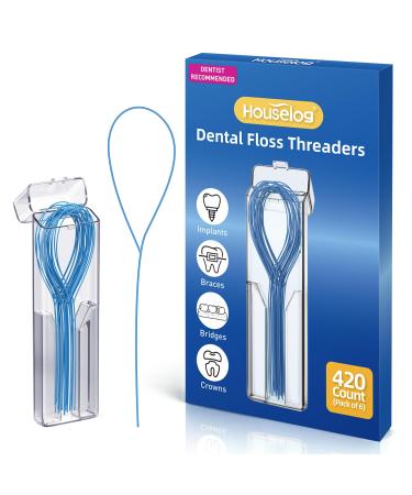 Houselog Floss Threaders | 420 Count Dental Floss Threaders for Braces Bridges and Implants with Portable Travel Case (6 Pack)