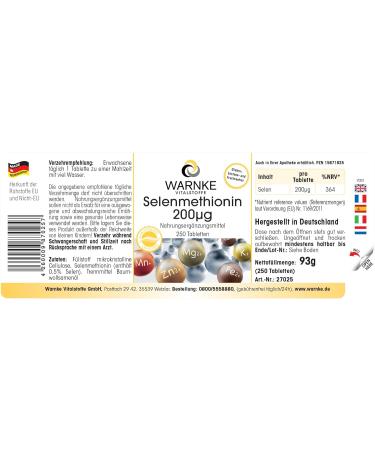 Selenium Tablets 200mcg - Selenomethionine Vegan - 250 Tablets | Warnke Vitalstoffe - Premium German Pharmacy Quality - Buy Online on GoSupps.com