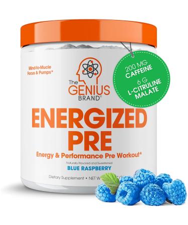 Genius Energized Pre Workout Powder Caffeine Infused Pre-Workout Booster Supplement with Beta Alanine & Alpha GPC No Artificial Sweeteners or Dyes - 200mg Caffeine 20 Servings Blue Raspberry
