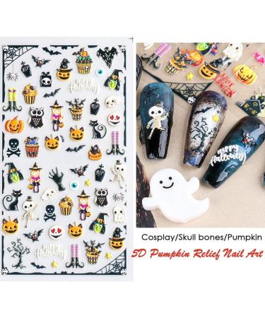 Halloween Nail Art Stickers Xcreando 5D Embossed Nail Decals Design with Skull Bones Ghost Witch Pumpkin Bat Lips Self-Adhesive Thick DIY 3D Nail Art Supplies for Halloween Days Party Cosplay Decorations 5 Sheets - Buy Online on GoSupps.com