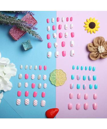 72 Pieces Kids Stick On False Nails Kit for Girls - Short Full Cover Nail Design Set with Stripe and Dot Patterns - 3 Boxes Included - Buy Online on GoSupps.com