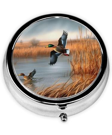 Hunting Flying Wild Duck Round Pill Box - 3 Compartment Mini Portable Travel Medicine Organizer - Decorative Pocket Purse for Tablets & Vitamins - Buy Online on GoSupps.com
