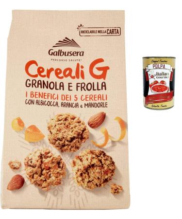 Italian Gourmet E.R. Galbusera Cereali G Granola e Frolla Shortbread Biscuits with Cereals and Fruits with Apricot Orange and Almonds 300g + Italian Gourmet Polpa 400g