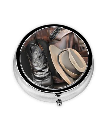 Cowboy Black Hat Western Bootsround Pill Box 3 Compartment Round Pill Box Organizer * Portable Travel Pill Box for Traveling.