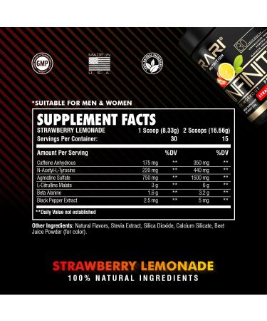 RARI Nutrition - Infinity Pre Workout Powder - Natural Preworkout Energy Supplement for Men and Women - Keto and Vegan Friendly - No Creatine - 30 Servings - (Strawberry Lemonade) - Buy Online on GoSupps.com