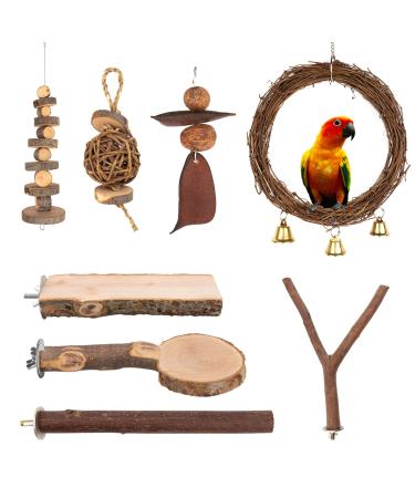8pack Natural Wood Parrot Toys Set,Including Bird Perches,Bird Swing,Flat Bird Perch,Bird Chewing Toys.Bird Cage Accessories Suitable for Parakeets,Cockatiels,Conures,Finches,Budgie,Love Birds 8-PACK