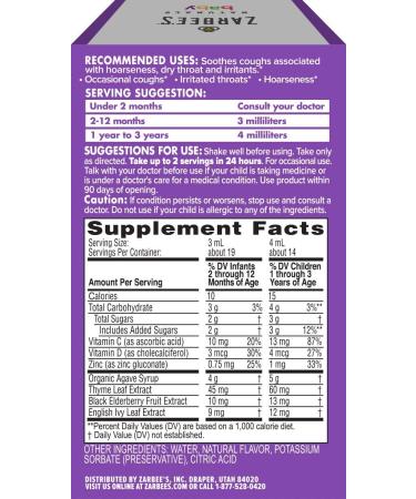 Zarbee's Naturals Baby Cough Syrup with Agave  Thyme & Elderberry - 2 Fl Oz | Immune Support - Buy Online on GoSupps.com