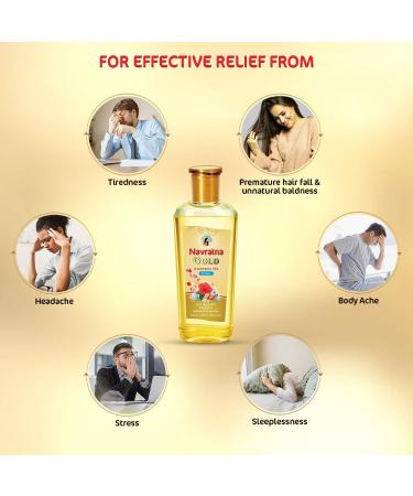 Emami Navratna Gold Ayurvedic Oil - Non Sticky Relaxing Head Massage Oil with Almond & 9 Herbs for Headache & Tiredness | 200ml - Buy Online on GoSupps.com