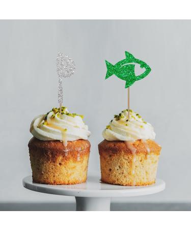 Fishing Cupcake Toppers Fish Cupcake Toppers Trammel/Fishing Net/Fishing Rod Sign Dessert Picks Fisher Fisherman Birthday Party Decoration - Green & Gold Glitter - Buy Online on GoSupps.com