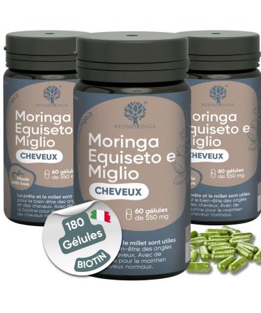 RedMoringa Anti Hair Loss for Women Men - Biotin - Organic Moringa Vitamins Equisetum Millet for Fast Growth | Hair and Nail Fortification | 60 Vegetable Capsules (180 Capsules)