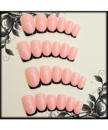 48Pcs Black French Tips Press On Nails & Toes - Glossy Nude Medium Acrylic Fake Nails for Coquette Women | Manicure Art Gel Glue Included - Buy Online on GoSupps.com