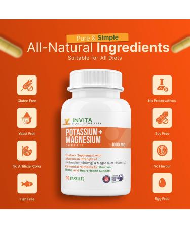 Invita Potassium Magnesium Complex 1000 MG for Leg & Muscle Support I (90 Capsules) - High Absorption Potassium Aspartate with Magnesium Aspartate Oxide Glycinate Gluconate & Citate 90 Count (Pack of 1) - Buy Online on GoSupps.com