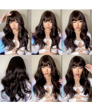 FAELBATY Long Brown Curly Wave Wig with Bangs - 26 Synthetic Cosplay Wig for Women - Buy Online on GoSupps.com