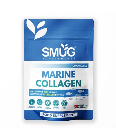 Marine Collagen British Made by SMUG Supplements - 90 Capsules - Type 1 Peptides - 1200mg Daily Serving of Collagen Powder in Three-a-Day Capsules - 30 Day Supply - Suitable for Both Men and Women