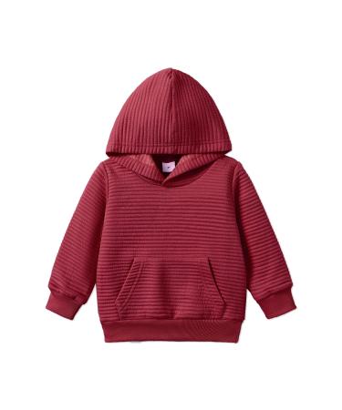 PATPAT Toddler Hoodie Boy Girl Hooded Sweatshirt Solid Color Textured with Pocket Pullover Hoodies for Toddler 3-4 Years Burgundy
