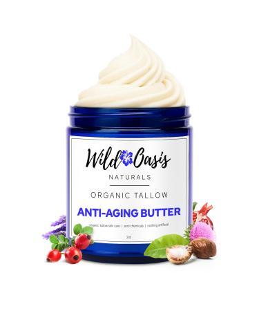 Wild Oasis Naturals Organic Beef Tallow Anti-Aging Butter Face Moisturizer with Shea Butter Jojoba Rosehip & Essential Oils Anti-Wrinkle Cream for Dry Skin Grass Fed Tallow Face Balm 2oz