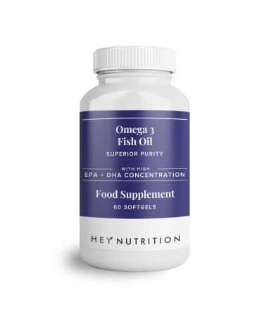 Hey Nutrition Pure Omega-3 Fish Oil 2000mg with Vitamin E - High EPA + DHA Concentration - Maintains Heart Joint Brain & Immunity Support - UK Manufactured - Non-GMO - 60 Softgels 60 Count (Pack of 1)