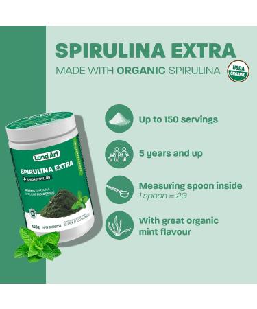 Certified Organic Fresh Spirulina Extra Powder 300g - Improved with Bioavailable Chlorophyll Added - Mint flavoured - Clean Source - 3rd party tested - Measuring Spoon Inside - Made in Canada - Buy Online on GoSupps.com