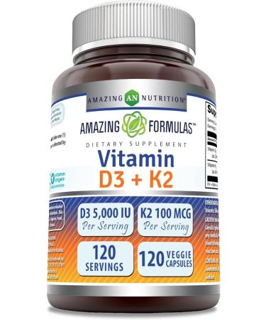 Amazing Formulas Vitamin D3 5000 IU with Vitamin K2 100 Mcg | 120 Veggie Capsules Supplement | Non-GMO | Gluten Free | Made in USA