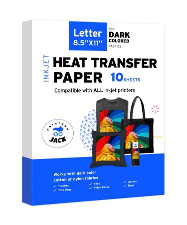 Printers Jack Iron-On Heat Transfer Paper for Dark Fabric 10 Pack 8.5x11.7 T -Shirt Transfer Paper for Inkjet Printer Wash Durable Long Lasting Transfer  No Cracking 10 sheets 8.5x11