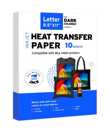 Printers Jack Iron-On Heat Transfer Paper for Dark Fabric 10 Pack 8.5x11.7 T-Shirt Transfer Paper for Inkjet Printer Wash Durable Long Lasting Transfer No Cracking 10 sheets 8.5x11
