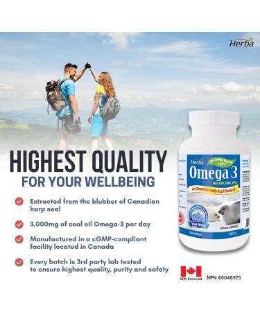 Herba Seal Oil Omega 3 Supplements 300 Softgels | Source of Essential Omega 3 Fatty Acid | Harp Seal Oil | Source of EPA DHA and DPA | Made in Canada - Buy Online on GoSupps.com