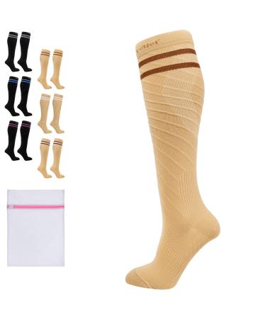 360 RELIEF - Flight Compression Socks Supports | Blood Circulation Travel Work XXL Beige with 2 Dark brown lines