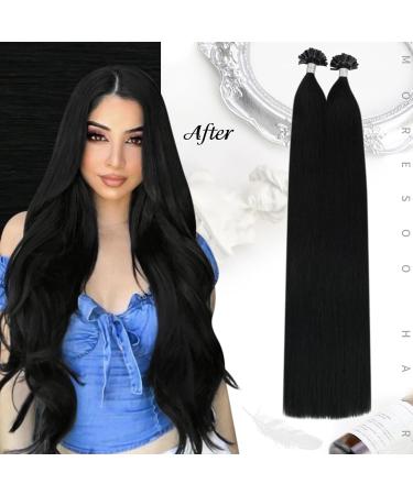Moresoo Black Keratin Bonding Hair Extensions - 35cm Remi U-Tip Real Human Hair - #1 Pechschwarz - 40g/50 Strands - Buy Online on GoSupps.com