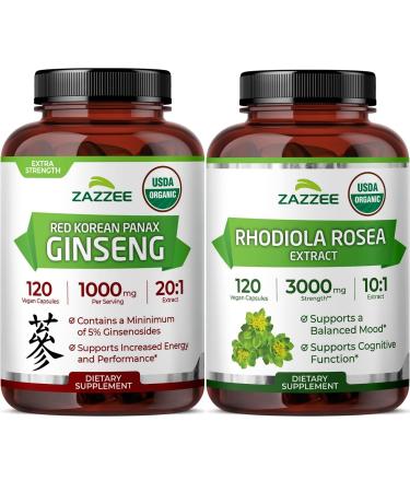 Zazzee Organic Rhodiola Rosea and Korean Panax Ginseng Extract Capsules | 10:1 Rhodiola Rosea Extract Plus 20:1 Ginseng Supplement | Adaptogen Support Bundle