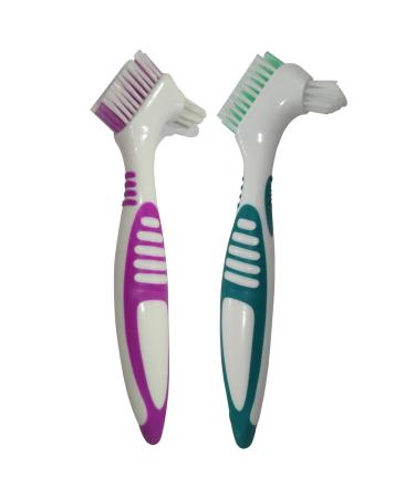 Gus Craft 2-Pack Denture Cleaning Brush Set- Premium Hygiene Denture Cleaner Set for Denture Care- Top Denture Cleanser Tool w/Multi-Layered Bristles & Ergonomic Rubber Handle (Green and Purple)