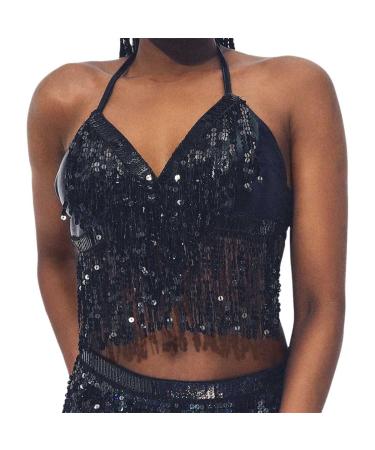 REETAN Tassel Sequins Belly Dance Crop Top Fashion Halter Top Rave Party Tank Top Sleeveless Vest Costume for Women and Girls Black