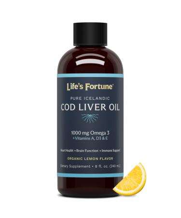 Life's Fortune Cod Liver Oil Liquid Organic Lemon Flavor (8 Oz) 1 000 mg Omega + Vitamin A E & D3 - Supports Immune Health - 100% Fish Oil Supplement from Wild Ocean Cod-GMO Free 8 Fl Oz (Pack of 1)