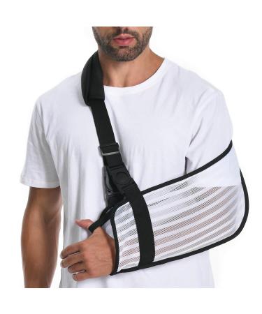Arm Sling for Shoulder Injury with Removable Shoulder Strap Breathable Mesh Fabric Shoulder Immobilizer for Men and Women Medical Arm Sling for Showering Beach Use White