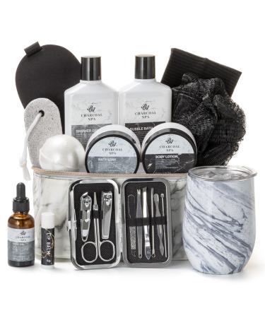 Bath Gift Basket for Men  23pcs Charcoal Luxury Home Spa Kit for Him/Father/Son/Boyfriend. Body Wash  Body Lotion  Nail Clippers Kit  Bath Salt in Cosmetics Bag Father's Day Birthday Gift