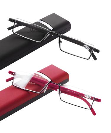 2 Pack Half Frame Reading Glasses for Men and Women Lightweight Computer Readers with Portable Case 1.25 2 Pairs(black red) 1.25 x