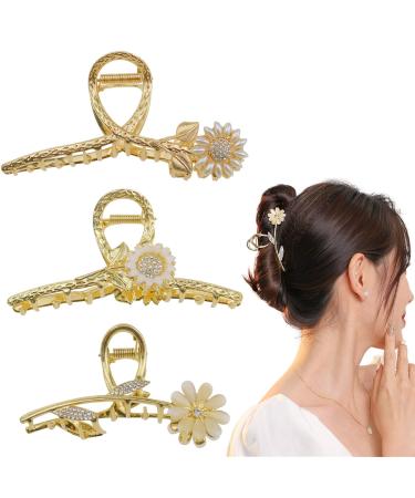 3 Pcs Sunflower Large Metal Hair Claw Clips Rhinestone Flower Claw Sunflower Headdress Shark Hair Claw Barrette Hair Clamps Strong Hold Hair Clips Fashion Hair Accessories for Women Girls