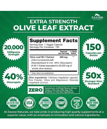 Zazzee Extra Strength Olive Leaf Extract 50:1 - 20 000 mg 40% Oleuropein 150 Vegan Capsules - Non-GMO All-Natural 5 Month Supply - Buy Online on GoSupps.com