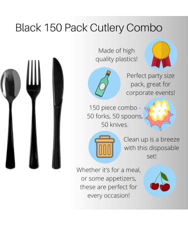 150 Pack Black Plastic Utensils Set - Heavy Duty Cutlery for Parties | 50 Forks, 50 Spoons, 50 Knives - Buy Online on GoSupps.com