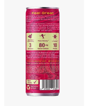 NOOX Revive Vitamin & Nootropics energy drink Raspberry & Lemonade Flavour 12 x 250ml Caffeine + L-Tyrosine Magnesium Zinc Panax Ginseng B Vitamins Vitamin C Low Calories Vegan Gluten free - Buy Online on GoSupps.com