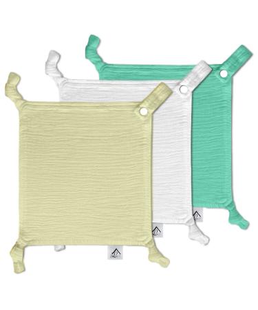 Baby Luxe 5-in-1 Mini Muslin Square Bib Toy Holder Washcloth Comforter - With Clip Attachment For Baby Bag Pacifiers Teething Toys and More (Set of 3: Yellow Mint White) 23_23_cm Yellow Mint White