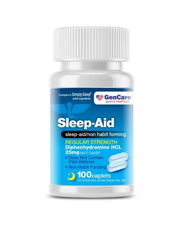 GenCare - Sleep Aid Diphenhydramine 25mg (100 caplets) | Regular Strength Non Habit Forming to Fall Asleep Faster & Sleep Deeper | Causes Drowsiness Take 1-2 Pills Before Bed | Generic Simply Sleep